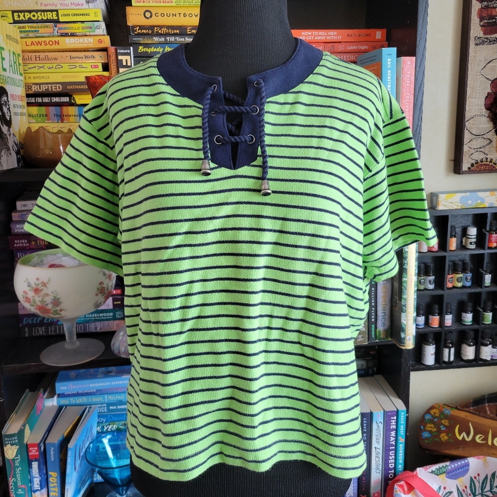 Vtg Women's Liz & Co Striped Polo Tee Lime Green Lace Up Neckline Size Petite Md